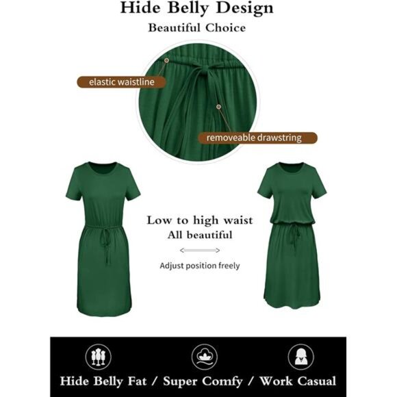 Women's Summer Blouson Dress – Knee-Length, Pocketed, Belly-Hiding Work Casual - Picture 5 of 7